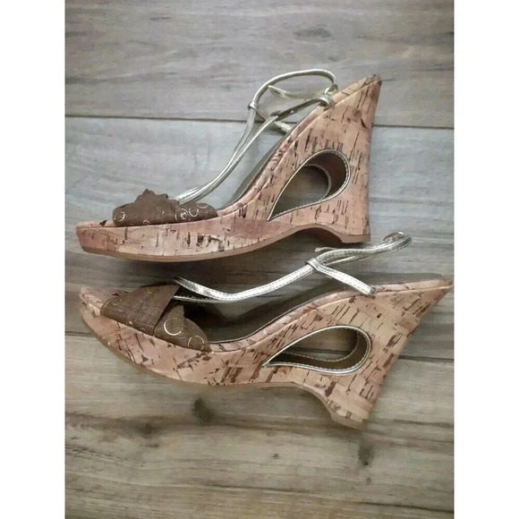 Paris Blues Sz 8.5 Cork Wedge Sandals Unique Strappy Heels Gold & Brown - Picture 4 of 6